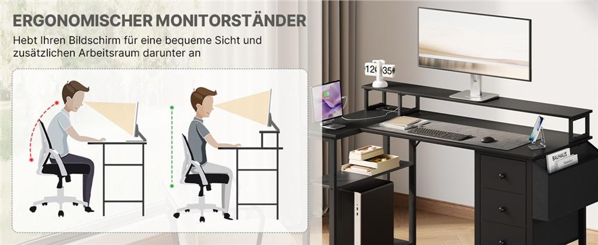 Yaheetech L-förmiger Computertisch, Schreibtisch mit Ladestation, umkehrbarer Gaming-Tisch, mit Monitorhalterung & Aufbewahrungstasche, Schwarz