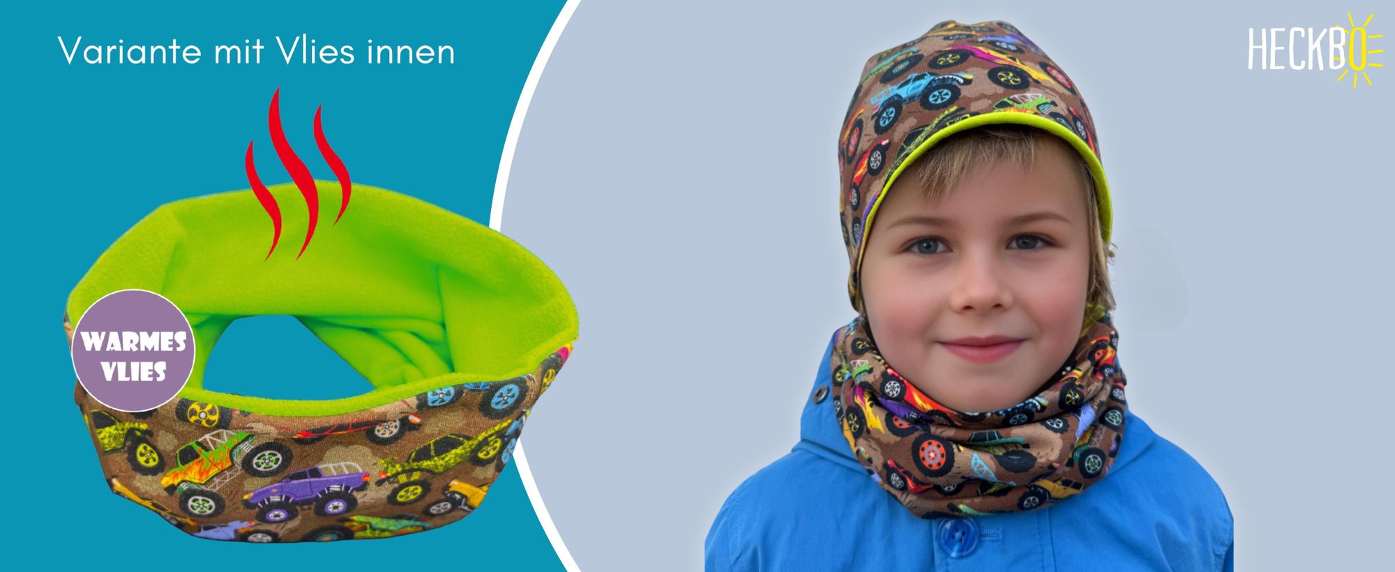 HECKBO Kinder Jungen Mädchen Beanie Mütze & Loop Schal Set - für Frühling, Sommer, Herbst & Winter - Wendemütze Monster Truck- 2 bis 8 Jahren - 95% Baumwolle - weiches pflegeleichtes Stretch-Material