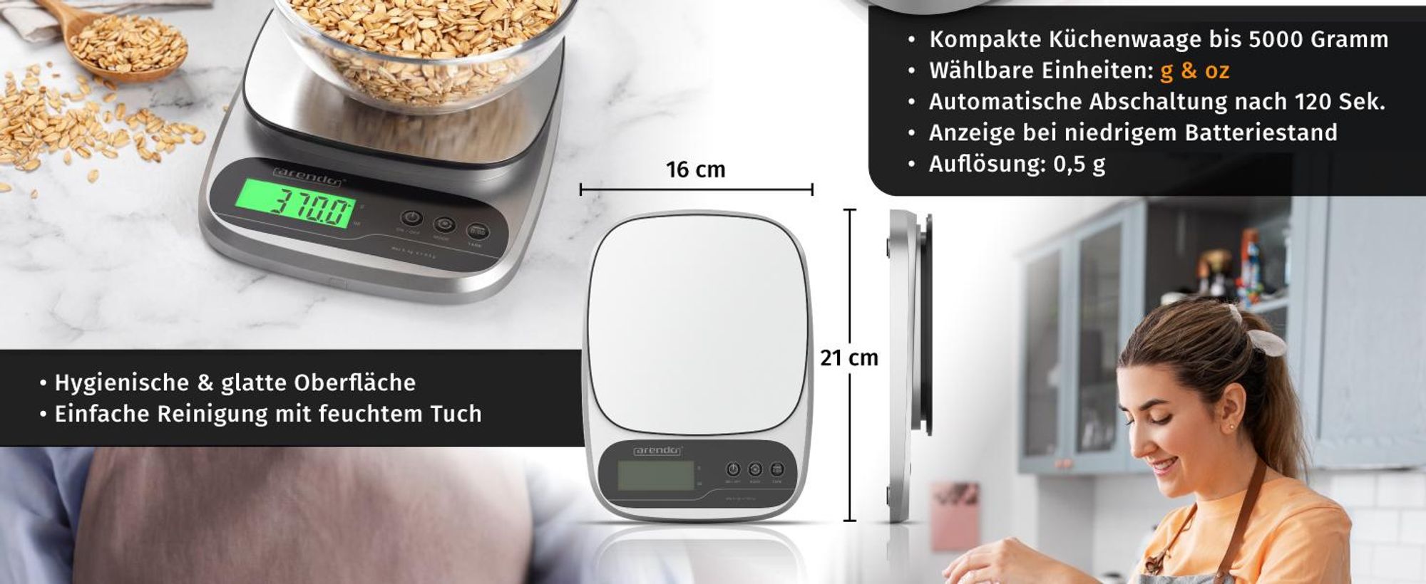 Arendo Küchenwaage digital, Edelstahl, bis 5000 g, 1g Auflösung, Digitalwaage, Tara, Hold, Überlastanzeige, automatische Abschaltung, Antirutschfüße, GS, präzise
