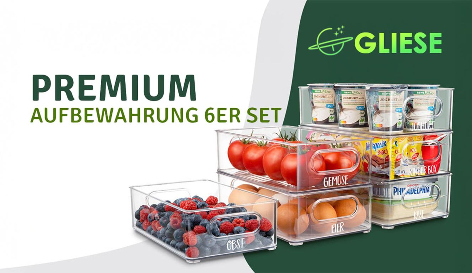 6er Set  Kühlschrank Organizer, mit 16 Aufkleber, Aufbewahrungsbox Organisation Stapelbare Fridge Organizer Box für Küchen, Kühlschrank, Schränke