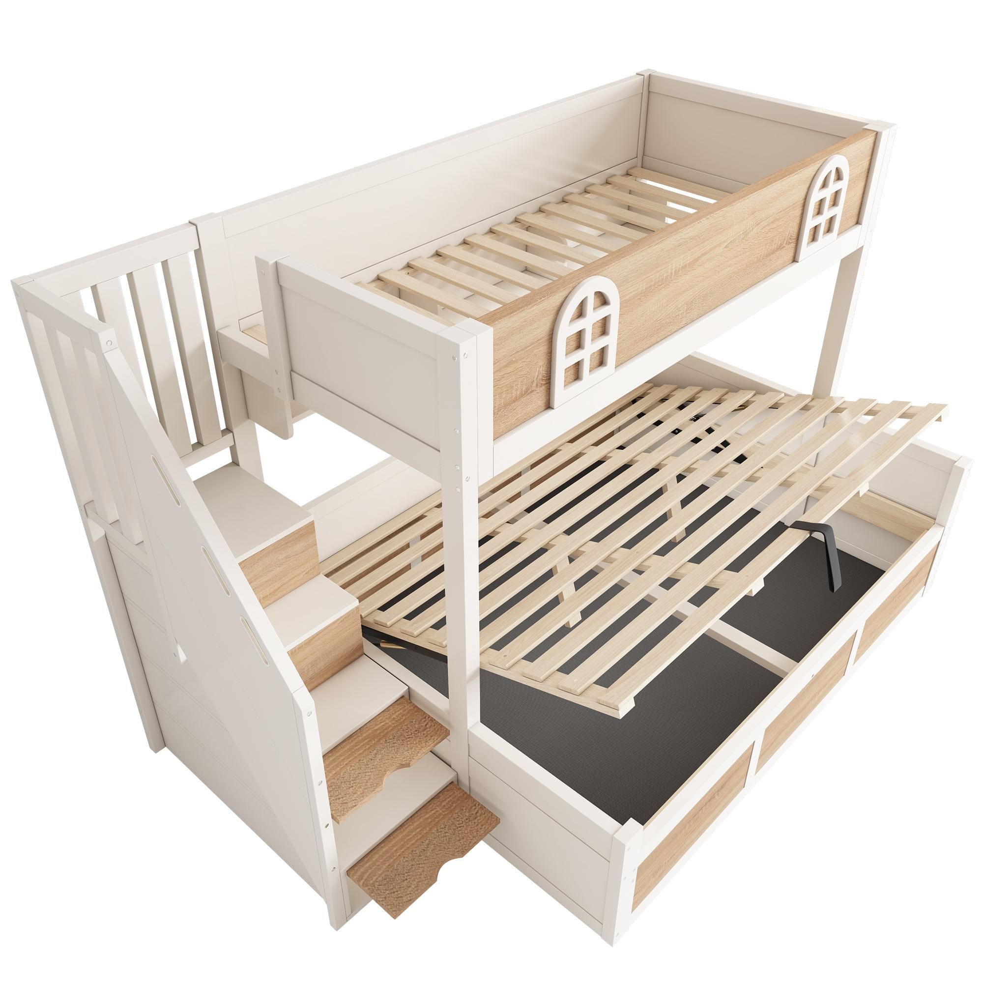 Flieks Etagenbett 90x200cm/140x200cm mit Stauraum, Hydraulisches Kinderbett mit Treppe, Hochbett Hausbett mit Lattenrost, Naturbelassen