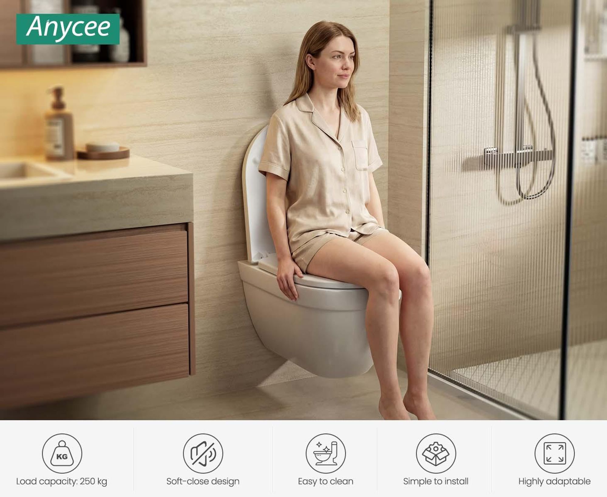 Toilettendeckel D Form WC-Sitze, Kurzer Toilettensitz mit Absenkautomatik Weiß, Klobrille abnehmbar, Vollummantelt, Duroplast, Anycee