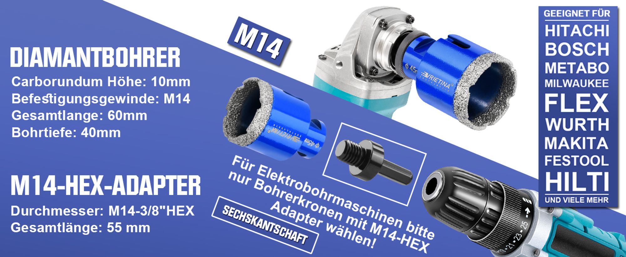 50mm Diamant Fliesenbohrer M14 Diamantbohrer Glasbohrer Nass- / Trocken Bohrkrone für Winkelschleifer, Diamant Lochsäge von Fliesen Feinsteinzeug