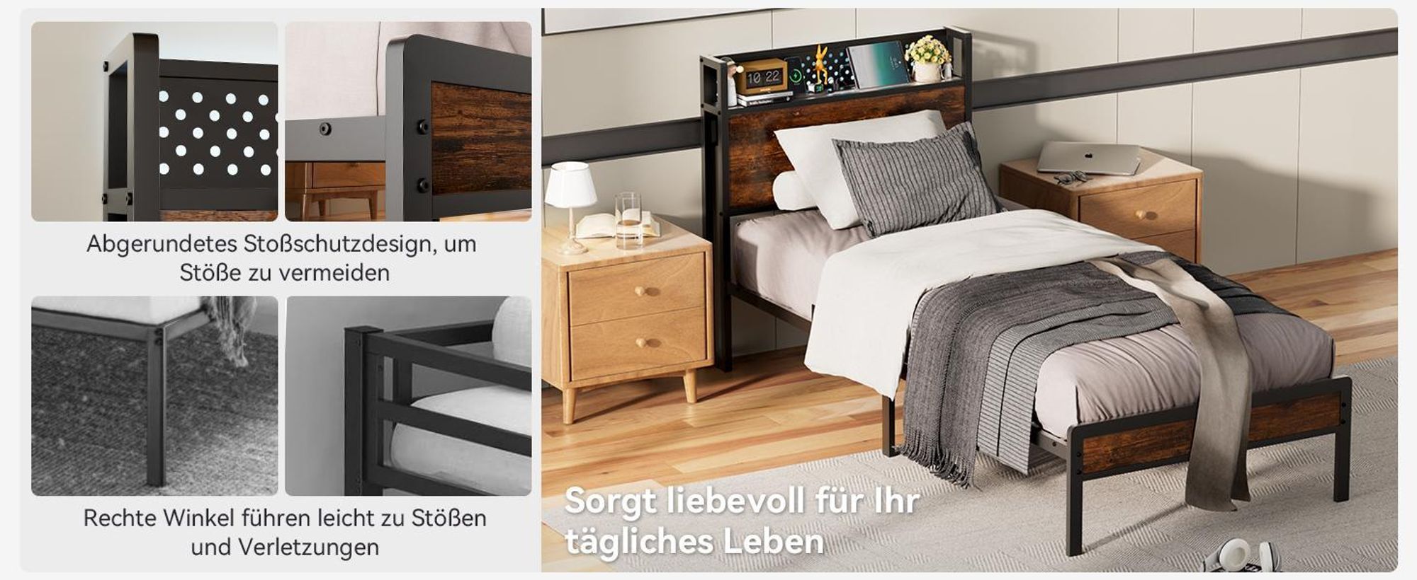 KUTAS Klassische Betten 140x190, LED-Bett Braun mit Type-C-Ladefunktion, 22 cm Stauraum, leises Bettgestell für Schlafzimmer