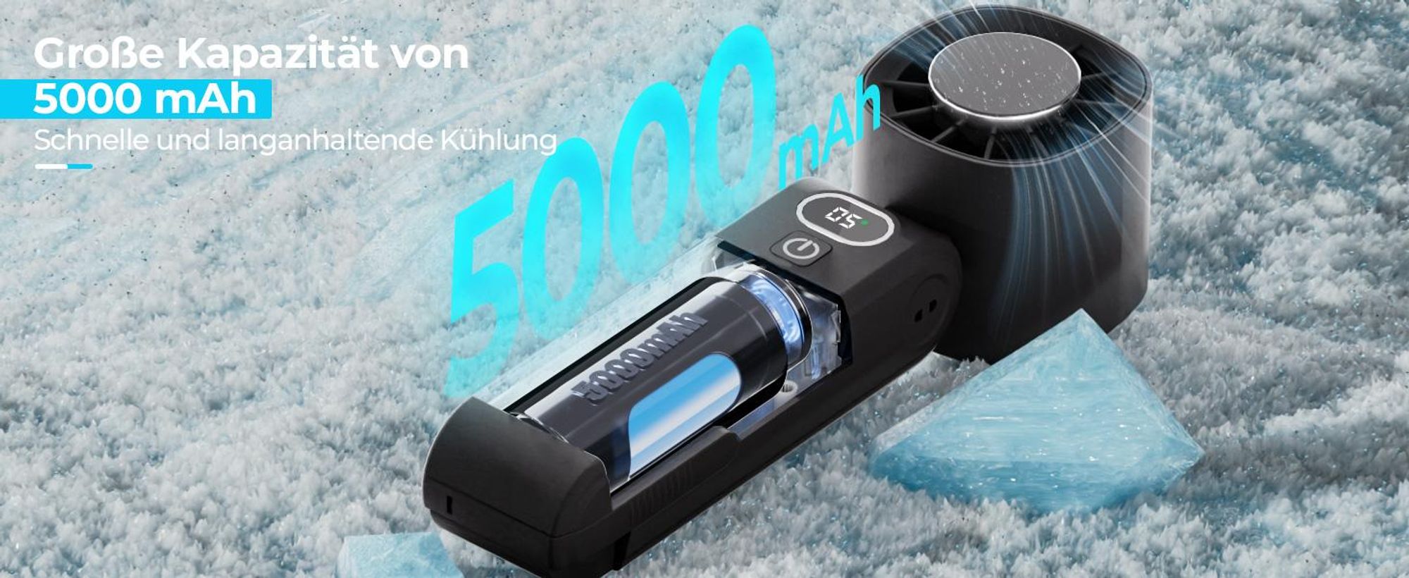 Handventilator, Tragbarer Ventilator, Mini Lüfter, Mini Ventilator, Nackenventilator, 5 Windgeschwindigkeit, mit Kühlfunktion, 5000mAh Akku, Schwarz