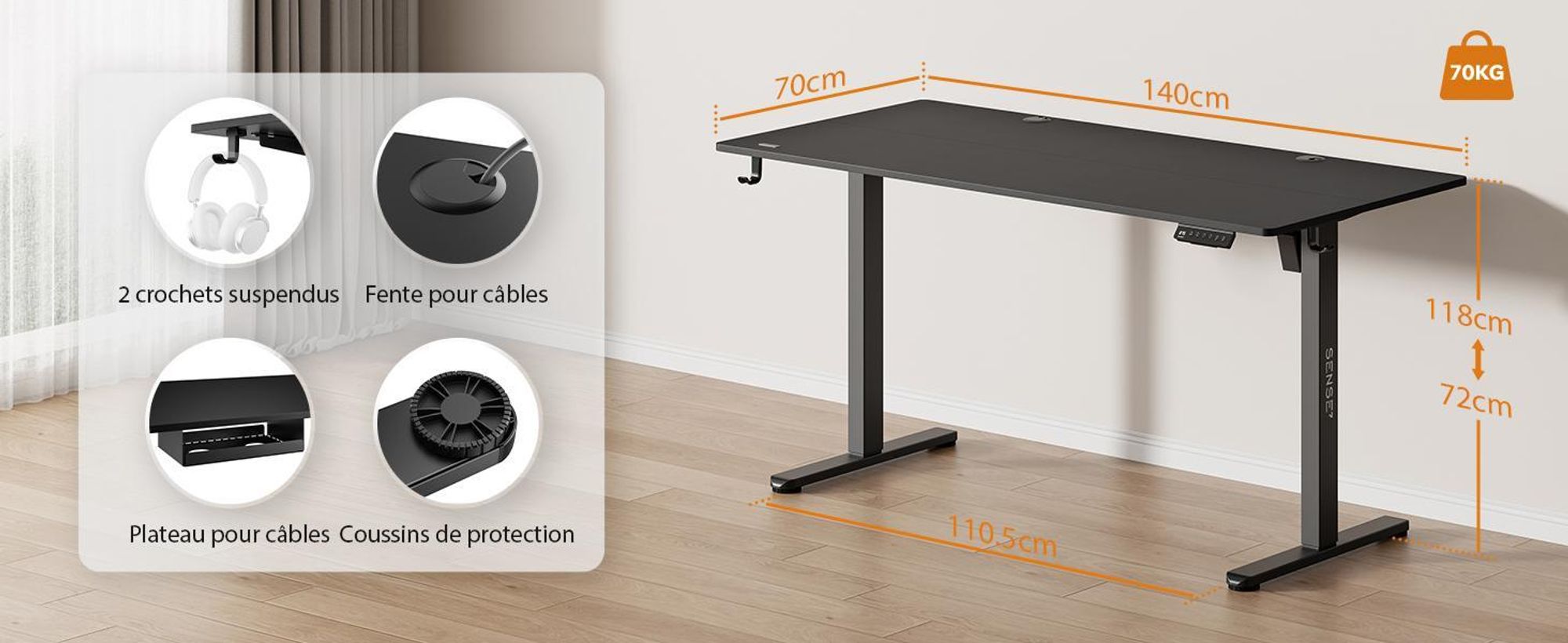 SENSE7 Nojo Bureau réglable en hauteur 140 x 70 cm Électrique Marron clair Noir Bureau gaming Bureau d'ordinateur Bureau debout Fonction mémoire XXL PC
