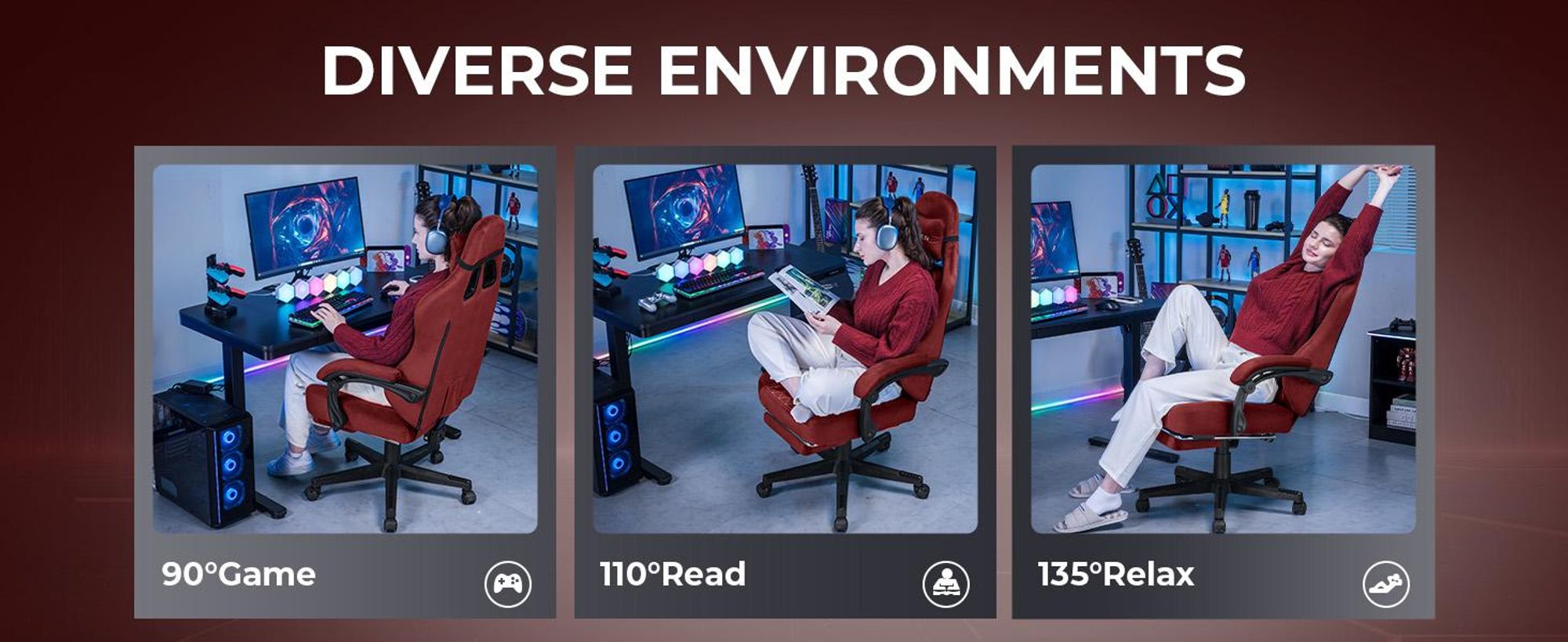 GTPLAYER Herná stolička Látková herná stolička Ergonomická kancelárska stolička PC stolička, nastaviteľná a otočná stolička s opierkou na nohy, červená
