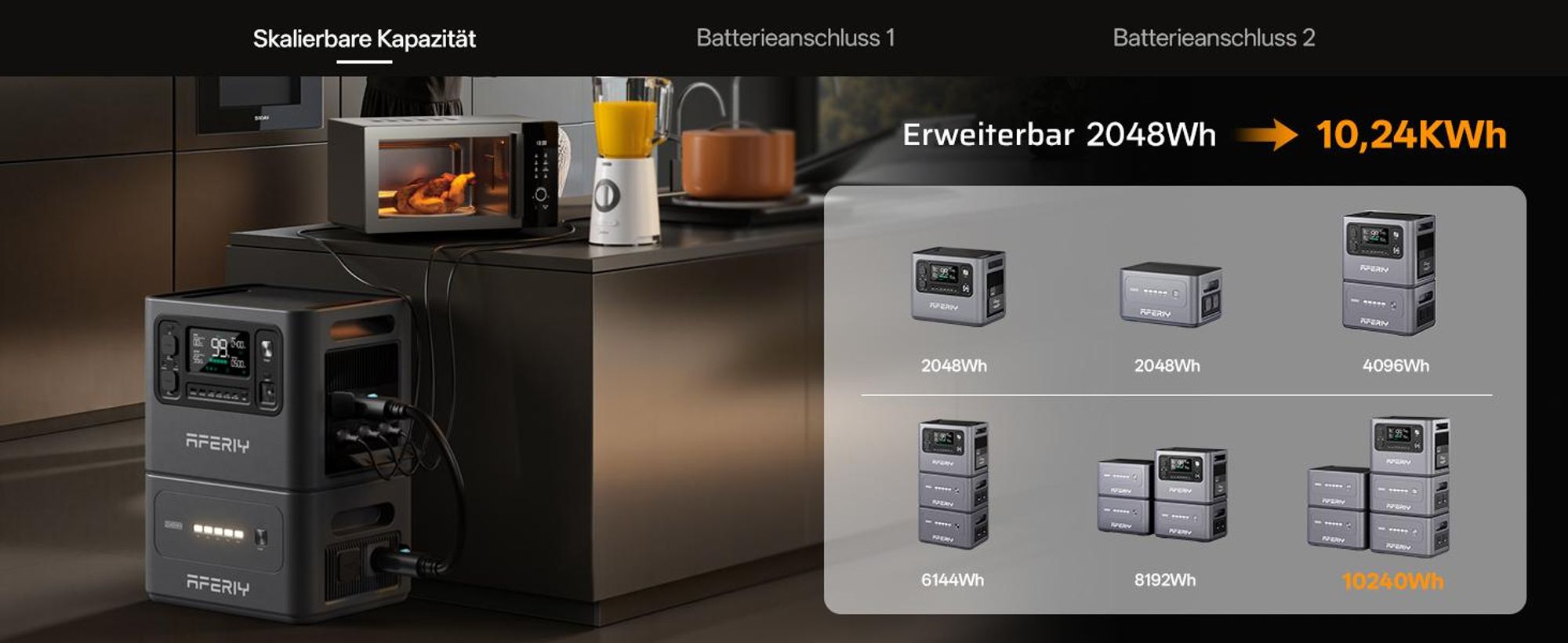AFERIY P280 Powerstation 2800W 2048Wh LiFePO4, Erweiterbar bis 10,24 kWh, 1200W Solareingang, App-Steuerung