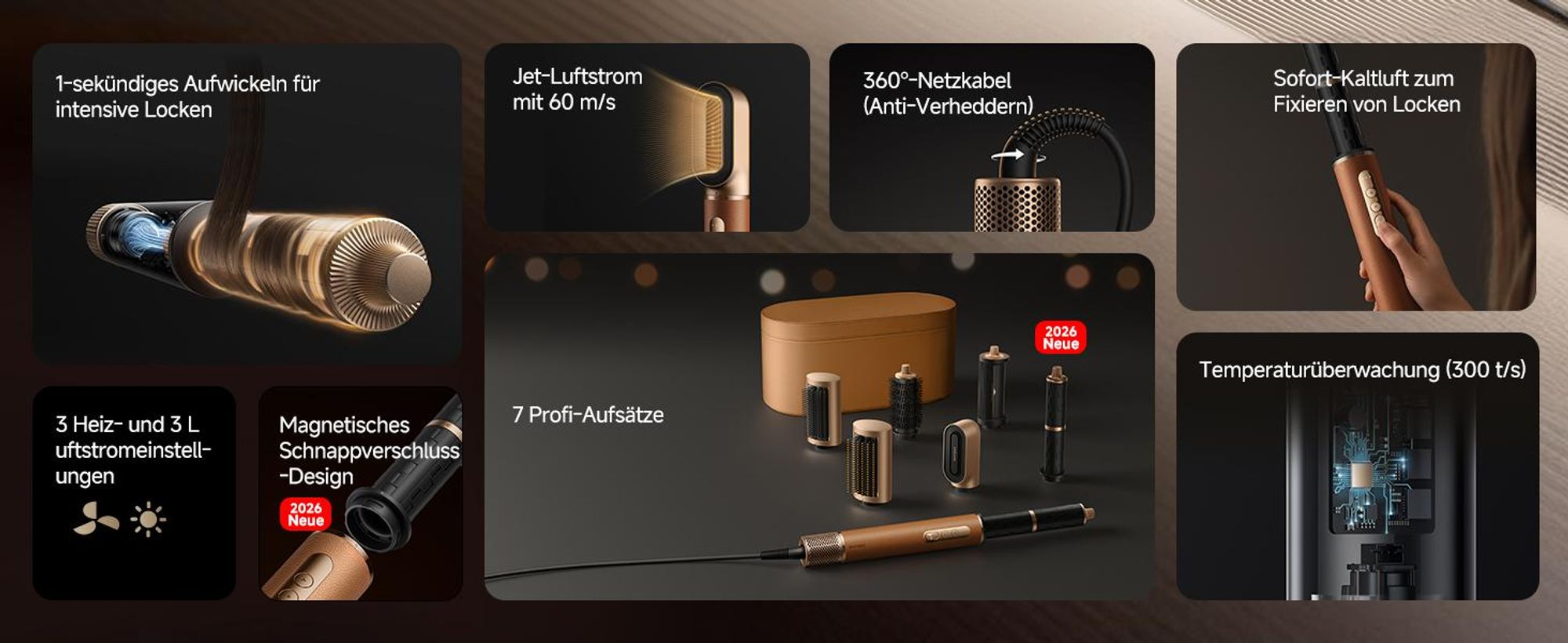 DREAME AirStyle Pro,7in1 Multistyler,Schnelltrocknend,2Lockenaufsätze,Volumen für das Haar,glättende Bürste,Kräusel Reduzierung,2026Neue Version,Braun