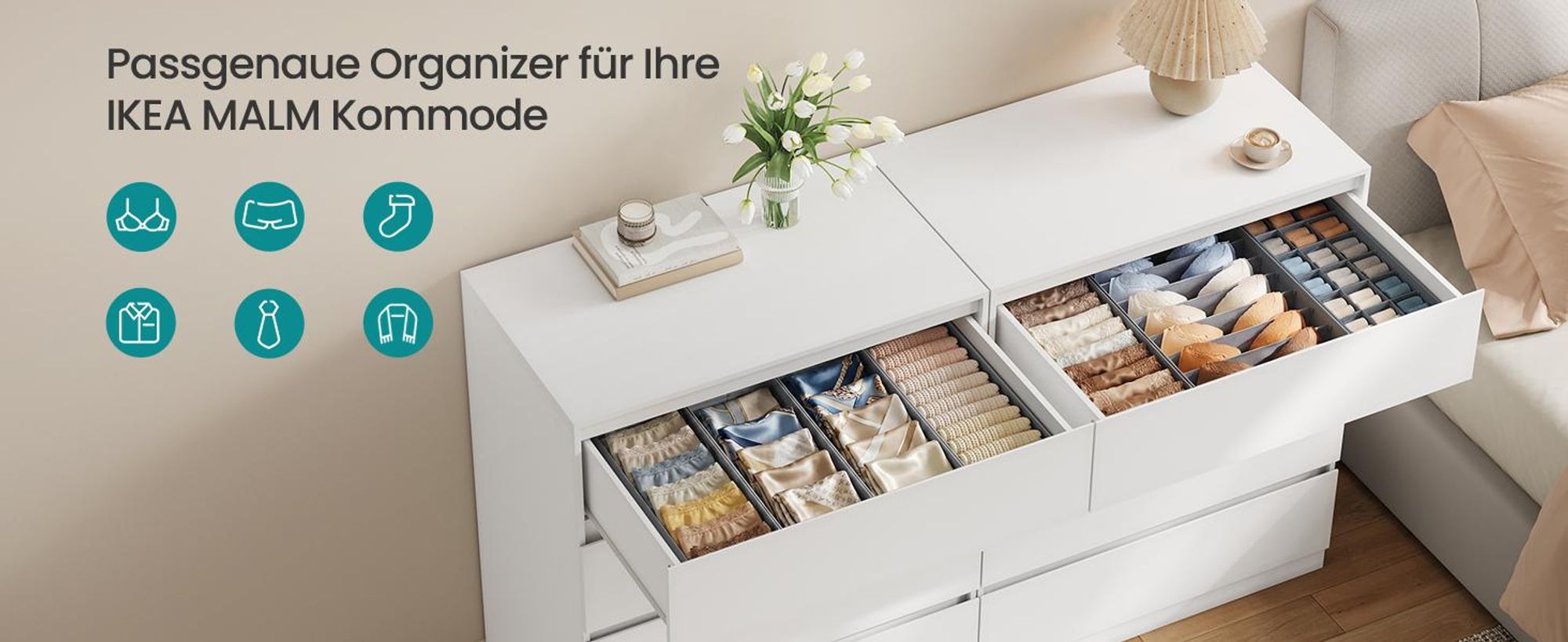 SONGMICS Schubladen-Organizer 4er Set, Unterwäsche-Organizer für IKEA HEMNES und MALM Kommoden, faltbar, grau