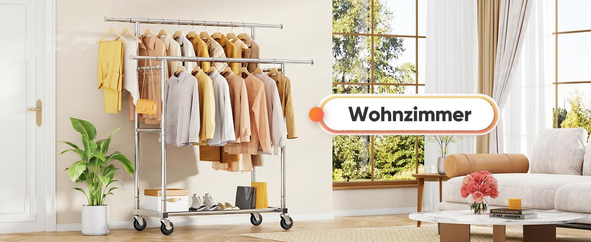 HOKEEPER Kleiderständer Schwerlast-Kleiderstange 204kg Kleiderständer mit Rädern Doppelstab-Garderobenständer zum Aufhängen von Kleidung Tragbarer