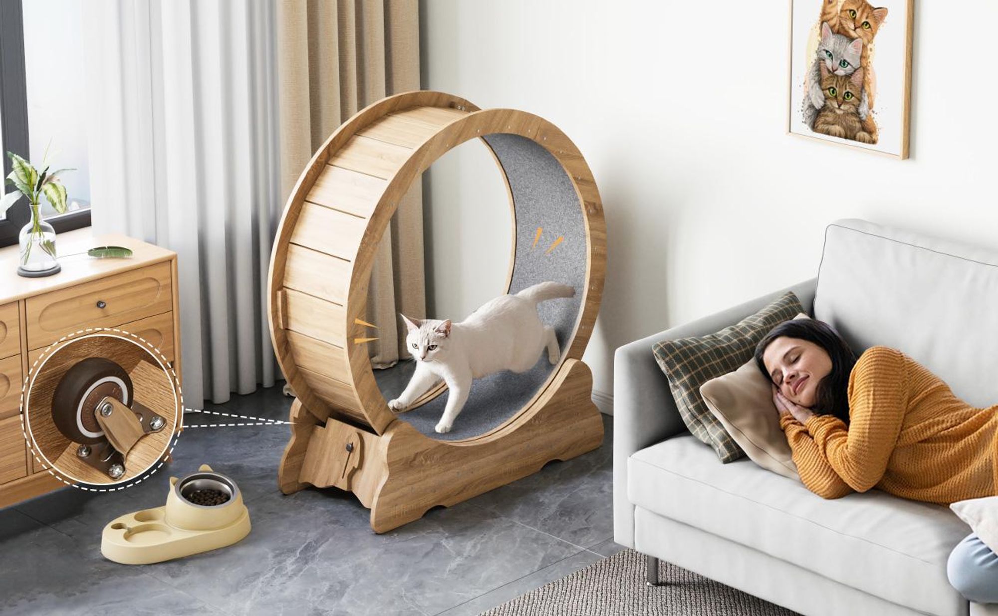 Mondeer Tier-Intelligenzspielzeug Laufband für Katzen,Innendurchmesser 80cm,Sicherheitsschloss-Design, Leises Scrollrad,90 x 97 x 36CM Naturholz