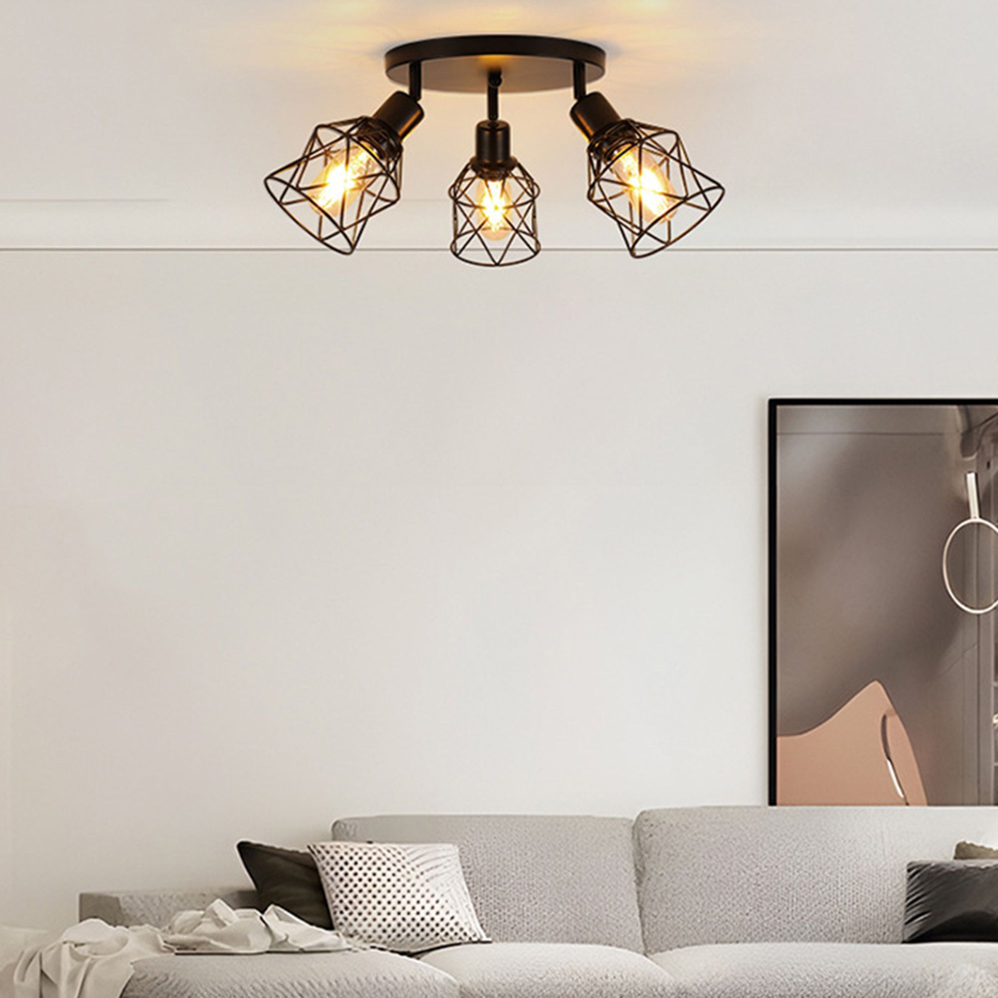 Deckenlampe Retro Drehbar, Deckenleuchte mit 3 LED-Birne E27 Eisen Für Wohnzimmer Schlafzimmer Flur Restaurant Hotel Geschäft Cafe Warmweiß