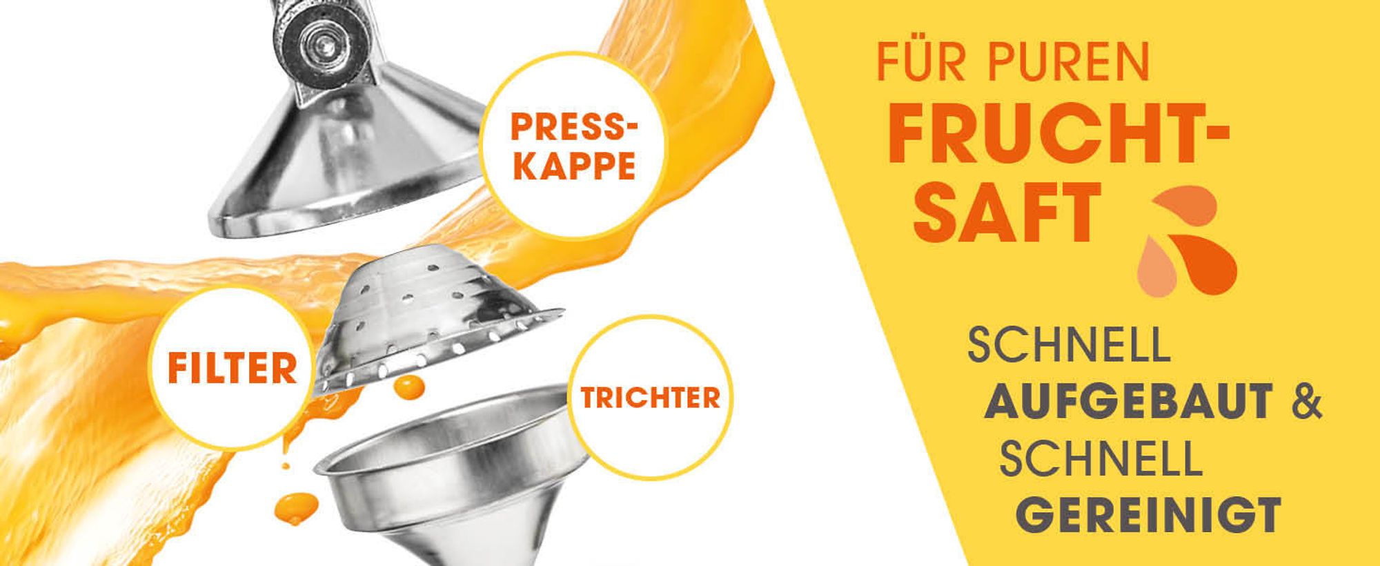 Lumaland Edelstahl Saftpresse Hochwertige, sehr leise, manuell bedienbare Zitruspresse Entsafter Stilvolle Handpresse Einfach frische Säfte pressen