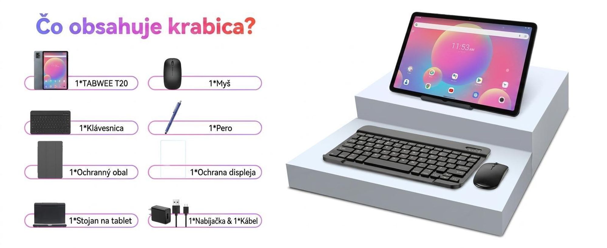 TABWEE T20 Android 16 tablet 10,1 palca, 24+256 GB s príslušenstvom tabletový počítač, Face ID, Widevine L1, 5G WiFi, Gemini AI, 8MP + 5MP, GPS