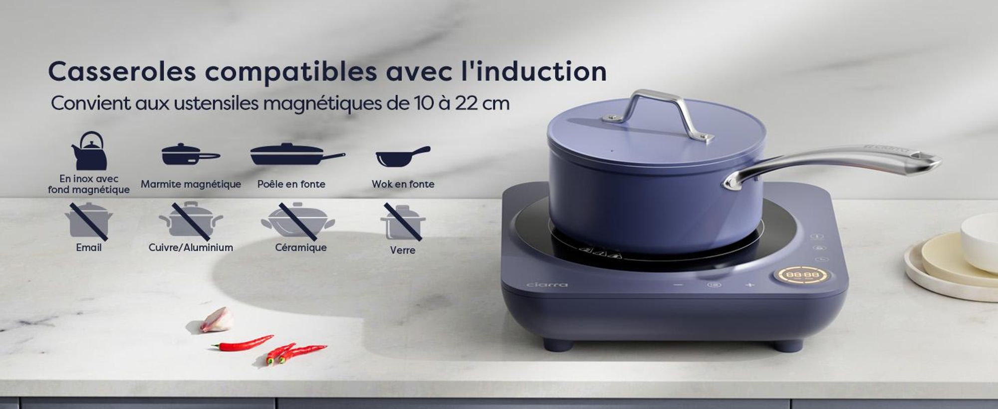 CIARRA Plaque de cuisson à induction individuelle Plaque de cuisson à induction 1 plaque 2000W Plaque de cuisson individuelle Touch-Control VM1TIHA-M