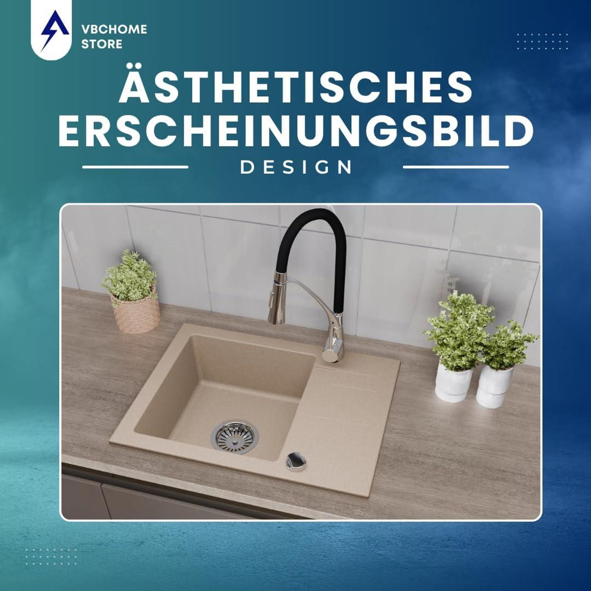 VBChome Granitspüle 59 x 44 cm Beige Einzelbecken Einbauspüle Reversibel Gesprenkelt Pflegeleichtes Spülbecken mit Siphon Ideal für kleine Küchen