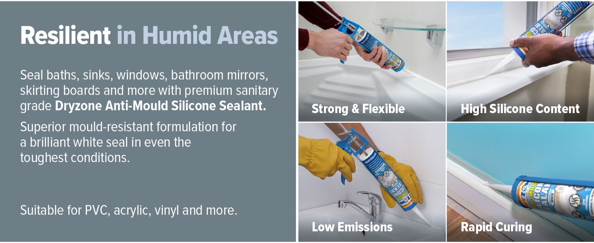 Dryzone Schimmelresistentes Sanitär Silikon (310 ml, Weiß) – Langlebiges wasserfestes Silikon, geringer VOC-Gehalt, ideal für Badezimmer und Küchen