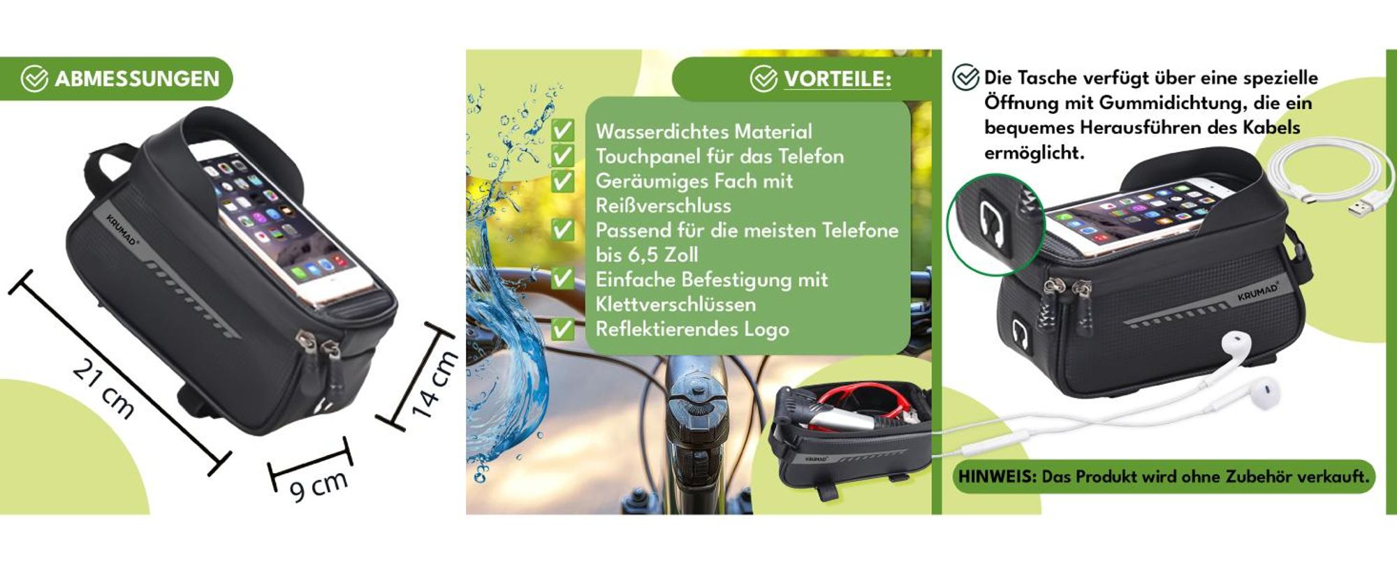 KRUMAD Fahrradtasche wasserdicht mit Handyhalterung bis 6,7", Touchscreen, Oberrohrtasche mit Kopfhöreröffnung, für MTB, Rennrad & E-Bike