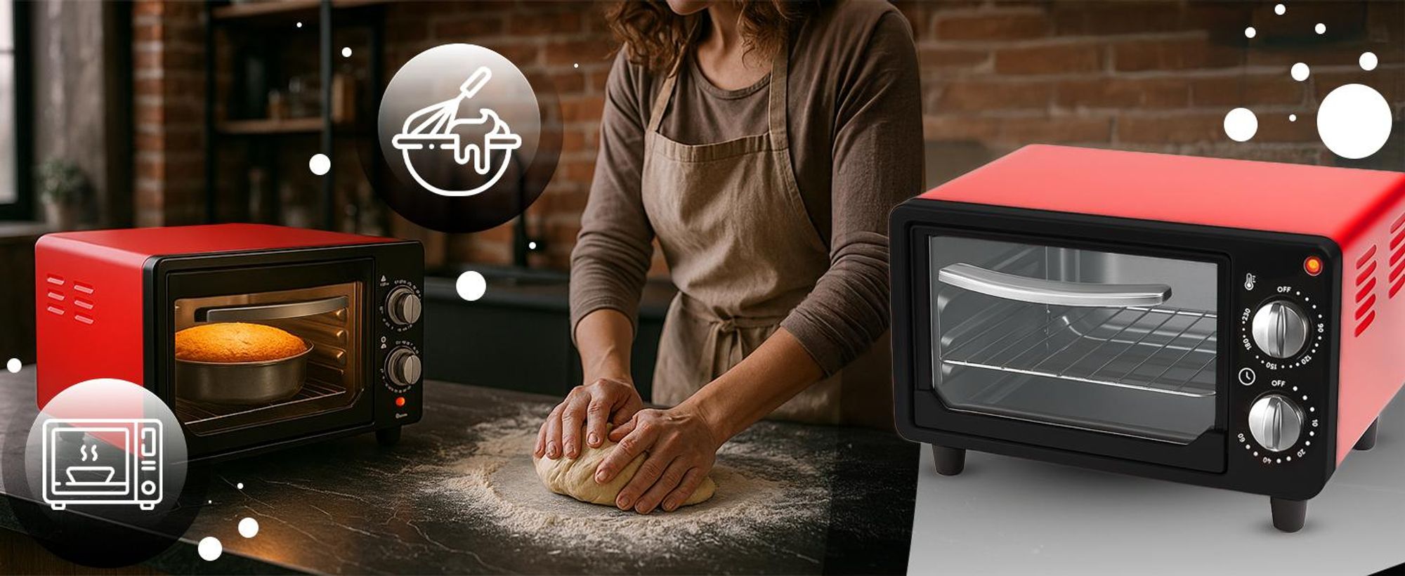 Mini-Backofen, 10L 600W, Pizzaofen von 0 bis 230 °C 60 min Timer, Umluft, Vielseitiger Mobiler, Minibackofen fur Camping, 34,5 x 20 x 18 cm Retoo