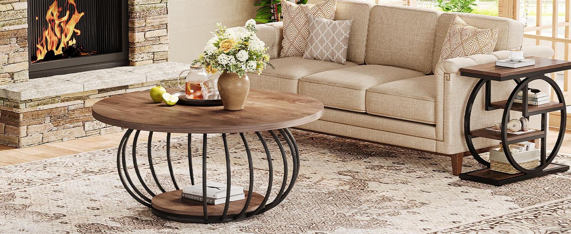 Tribesigns Runder Couchtisch, 100 cm industrieller Couchtisch aus Holz mit zwei Ebenen, mit Ablagefläche und Metallrahmen, rustikales Braun Schwarz