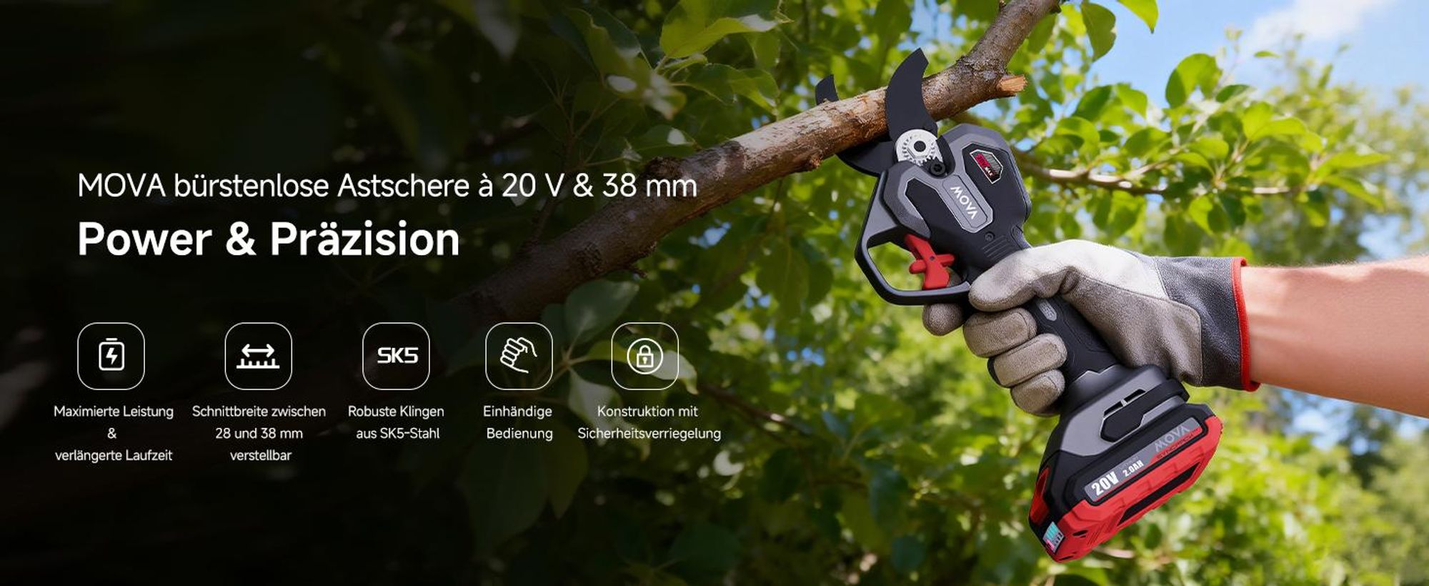 MOVA GPS201 20V Akku-Gartenschere, Brushless Rebschere, inkl. 2,0Ah Akku-Pack, 28-38 mm Schnittweite