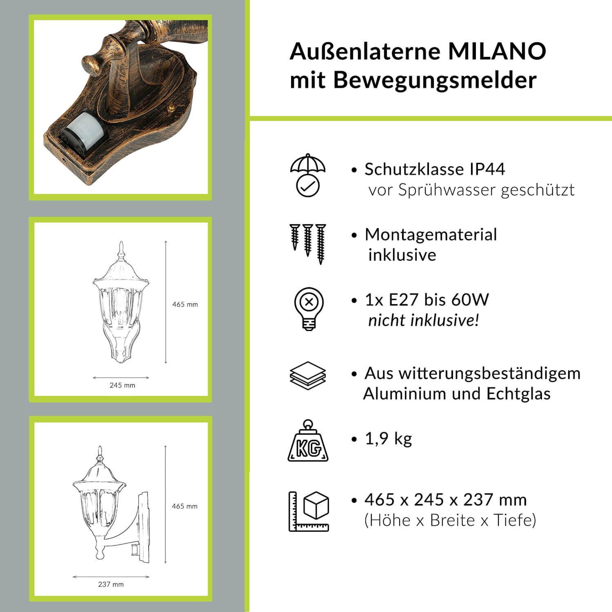 Highlights der MILANO Wandleuchte in Kupfer Antik