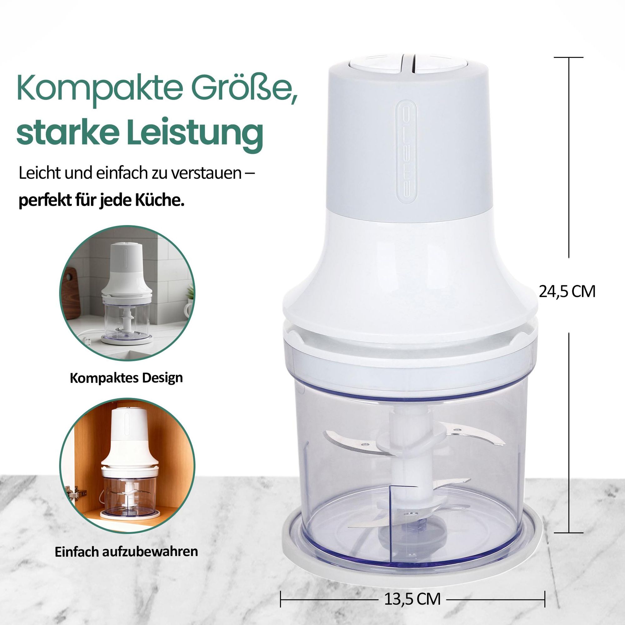 Emerio Zerkleinerer 260 W – 500 ml – 2 Stufen – Kunststoffbehälter – 4 Edelstahlmesser – rutschfeste Füße – Kabelaufbewahrung – MC-122649.2