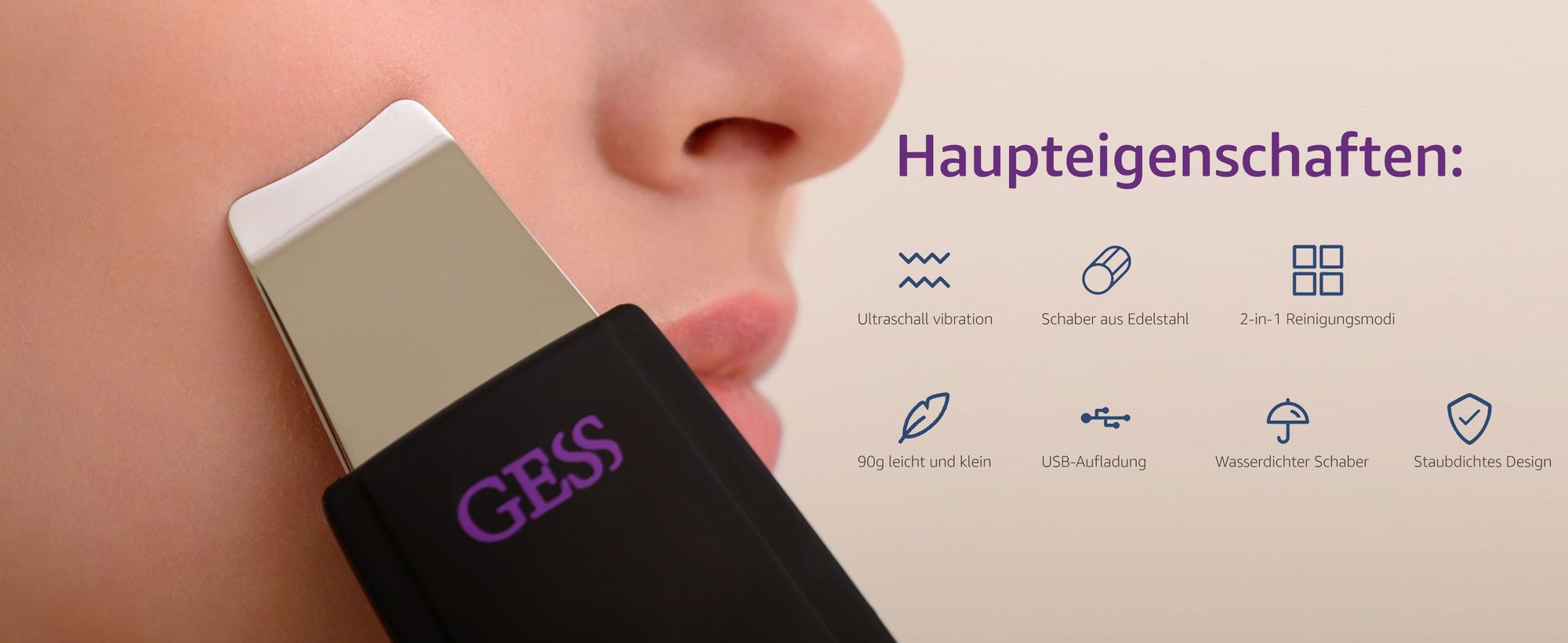 Ultraschallreinigungsgerät, Gesichtsreiniger, Mitesserentferner Porenreinigung Akne-Peeling, Mikrodermabrasion, Hautpflege, Massage, aufladbar GESS YOU