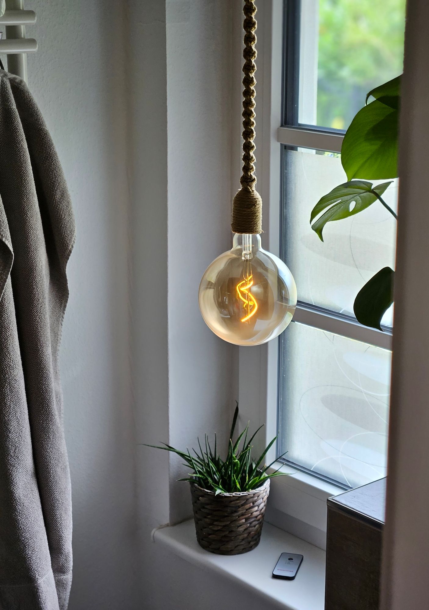 Hängelampe LED Braun Seil Macrame Hängeleuchte Timer Fernbedienung  Ø15cm Lampe