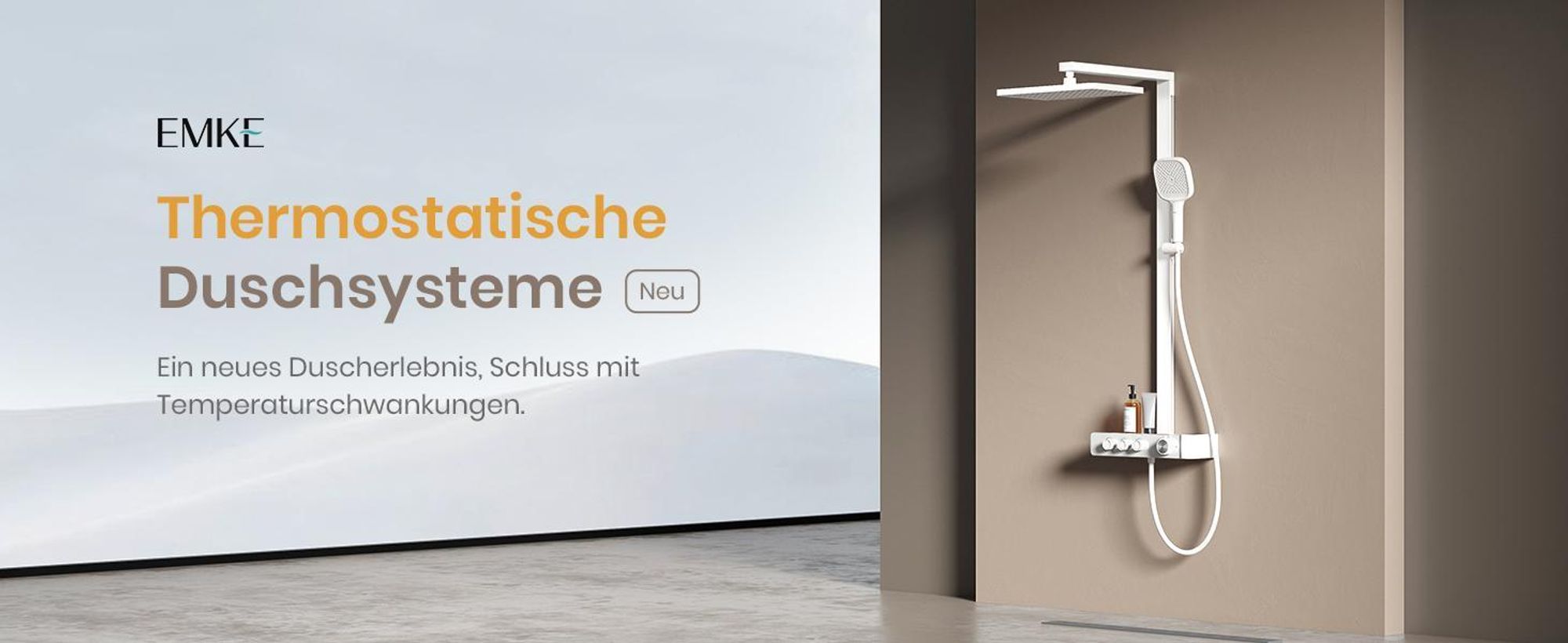 EMKE Duschsystem mit Thermostat Duschsäule Weiß mit 360×240mm Regendusche eckig, Badewannenauslauf, Wassermengenregler & Glasablage F27