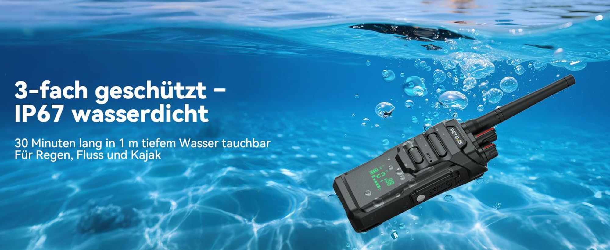 Retevis RT648H Walkie Talkie Wandern, IP67, Integriertes Display, Typ-C/Basisladung, 1500 mAh, Alarm, Funkgerät mit Großer Reichweite für Outdoor