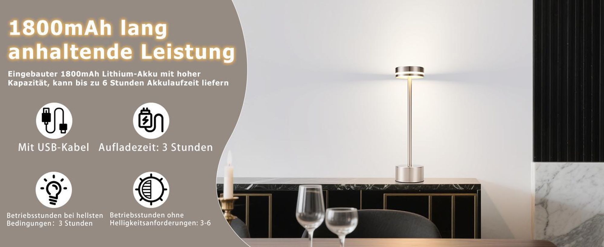 ZMH Tischleuchte Akku LED Tischlampe Kabellos Nachttischlampe Dimmbare mit USB-C Touch Lampe 3000K-6500K Silber Tischlampen für Schlafzimmer Esszimmer Büro