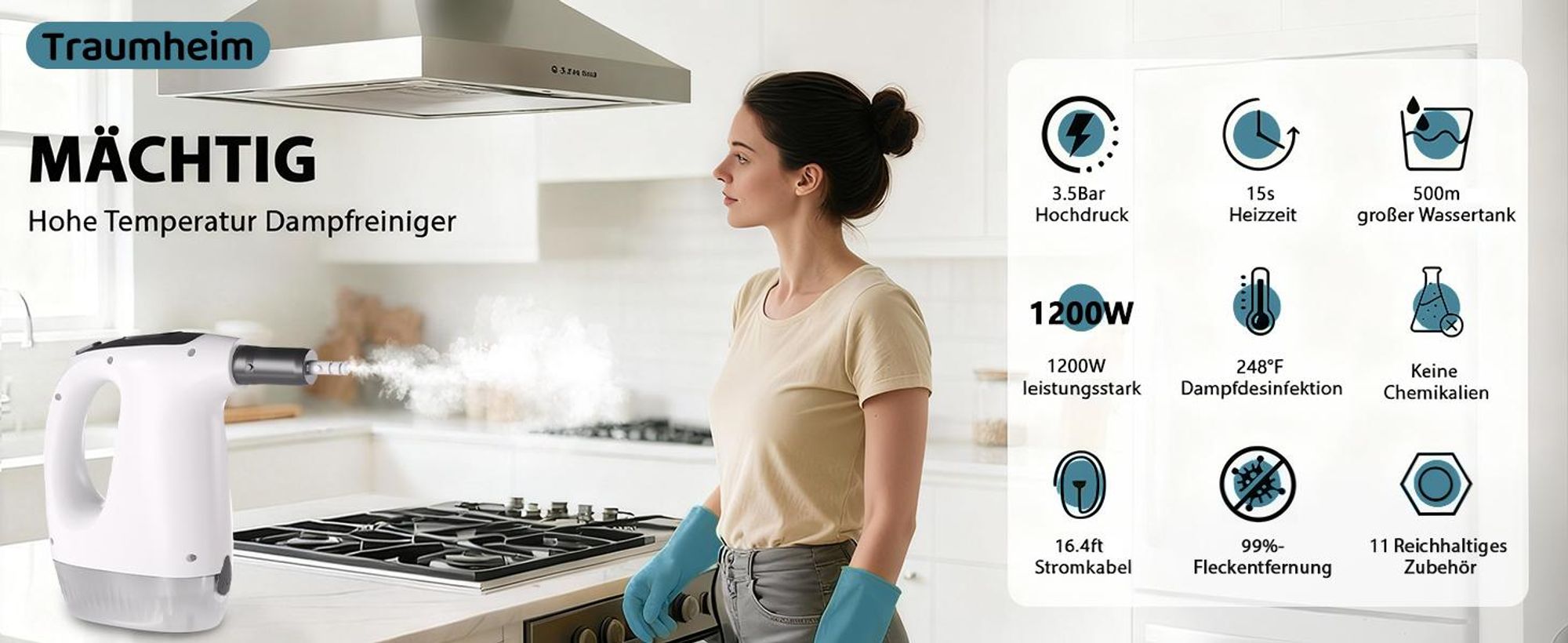 1200W Dampfreiniger | 3-Gang, 15s Aufheizzeit | 120℃ Handdampfreiniger | 500ml Steam Cleaner mit Zubehör| 360° Dampfdüse | entfernt Fett, Schmutz