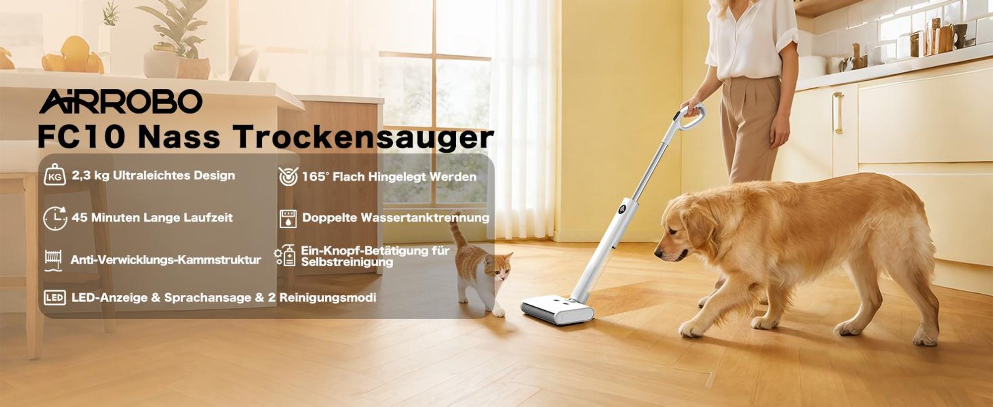 AIRROBO FC10 Elektrischer Wischmopp, Kabelloser Elektro-Mopp Selbstreinigender, 540ml Wassertank, 45 Minuten, für Hartböden, Tierhaare