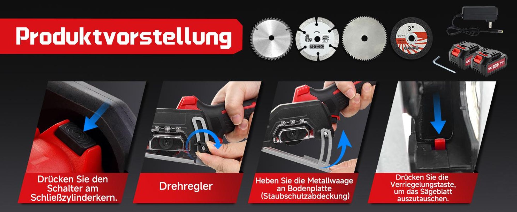 TEENO Akku-Mini-Handkreissäge, Akku Handkreissäge mit LED-Leuchte, 2x 4,0Ah-Akkus, Einstellbarer Schnittwinkel, 20000 U/min, 3 Sägeblätter