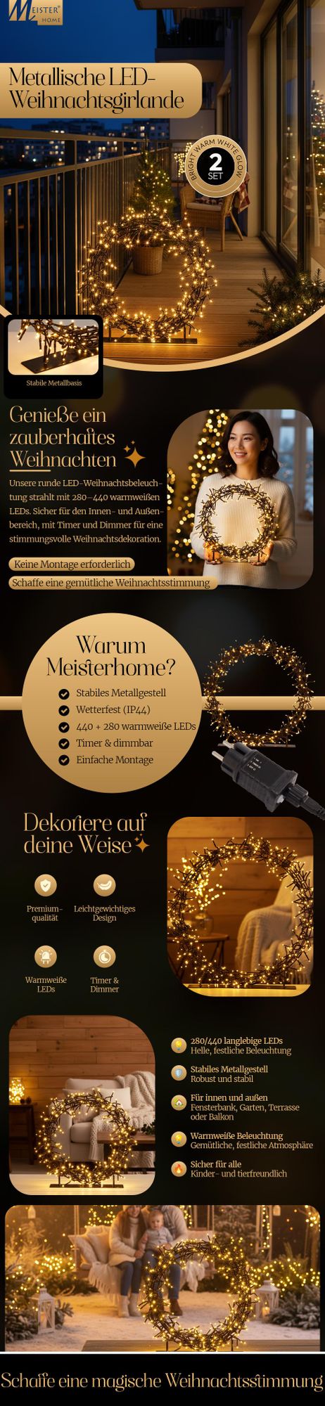 Meisterhome® LED Kerzring 2er-Set – Ø30 cm 280 LEDs & Ø45 cm 440 LEDs – Dekorationsring/Weihnachtskranz mit Beleuchtung – Warmweiß – Timer & Dimmer – für Innen- und Außenbereich