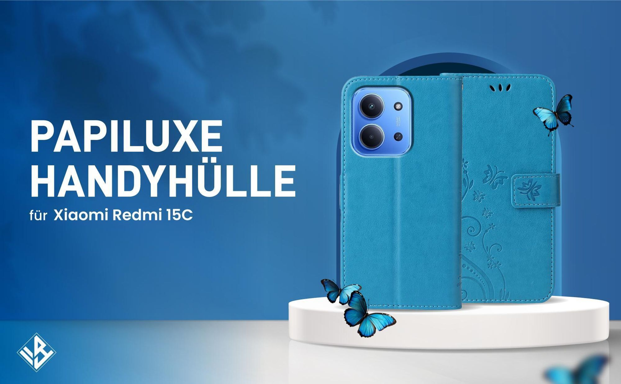 Blaue Klapphülle im Schmetterling Design für Xiaomi Redmi 15C mit Wallet-Funktion