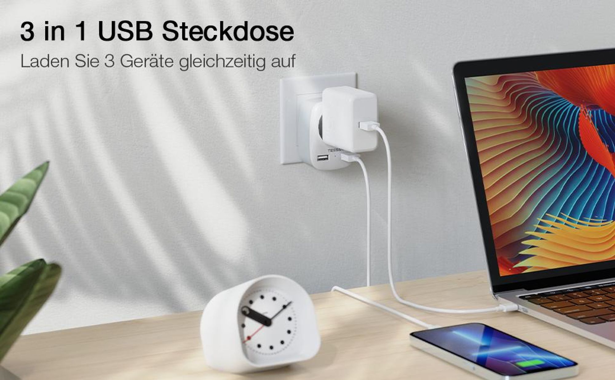 TESSAN Steckdose mit 2 USB Mehrfachstecker Steckdosenadapter 4000W Mehrfachsteckdose Adapterstecker Grau