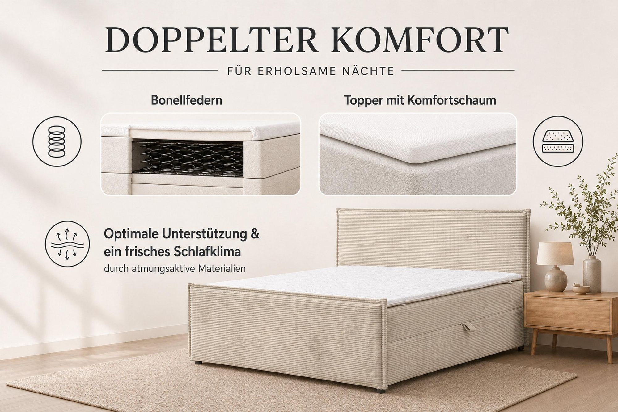 VENASI VANESSA Boxspringbett 140x200 mit 2 Bettkasten H2/H3 Matratze BEIGE CORD Lincoln 03
