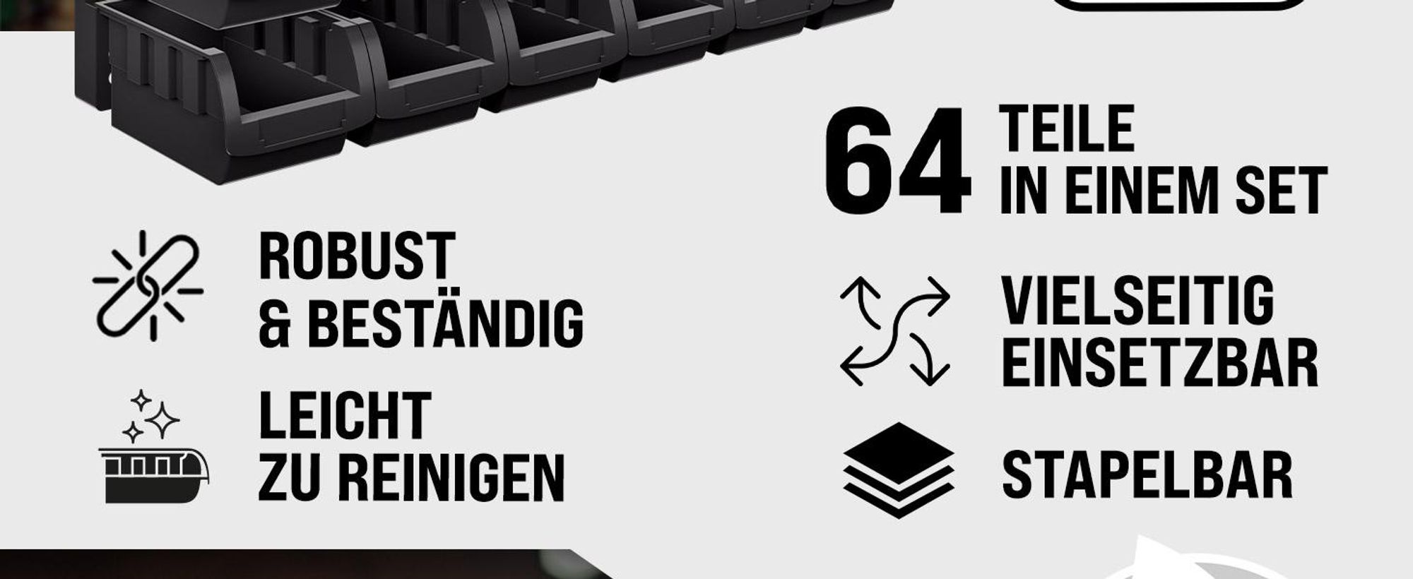 64-teiliges Stapelboxen Set für Wandregal aus Polypropylen, Boxen herausnehmbar