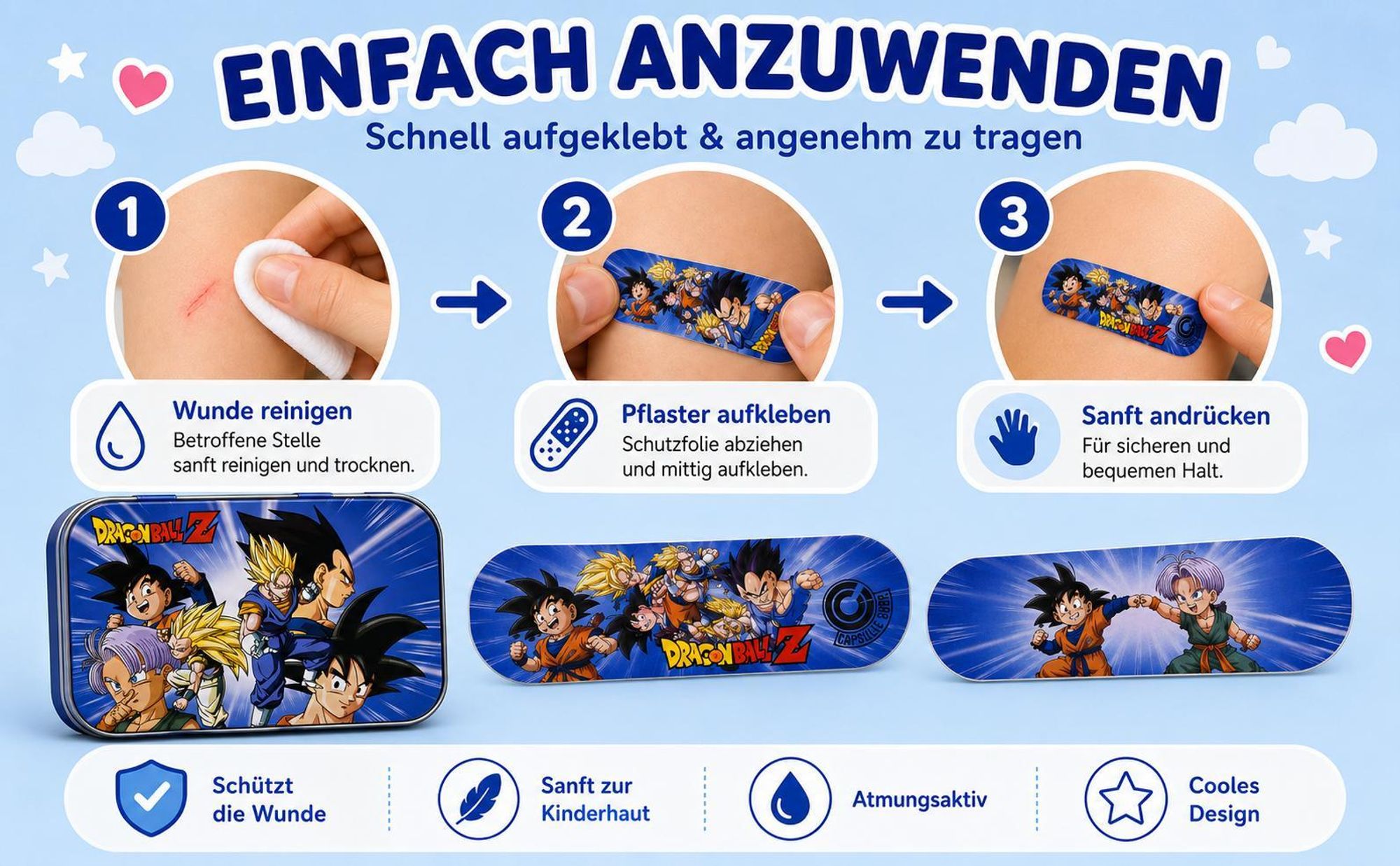 Dragon Ball Z Kinderpflaster Lizensiertes Produkt - Metall-Box - 24 Pflaster - Schönes Design Pflaster Aufbewahrungsbox für Kinder - 1 Box