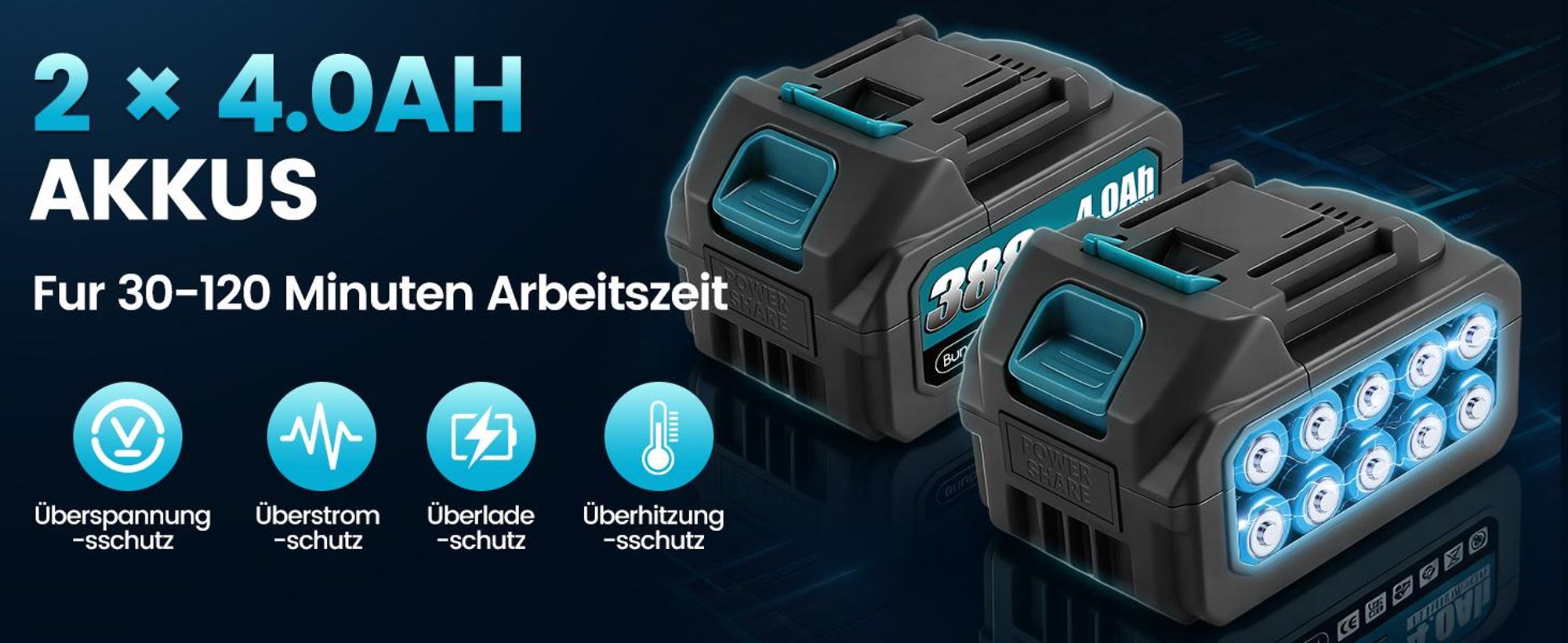 Akku Laubbläser 90m/s Elektrischer Laubgebläse mit 2 x 4,0 Ah Akku und Ladegerät 6-Stufen Regelung & 2 wechselbaren Düsen