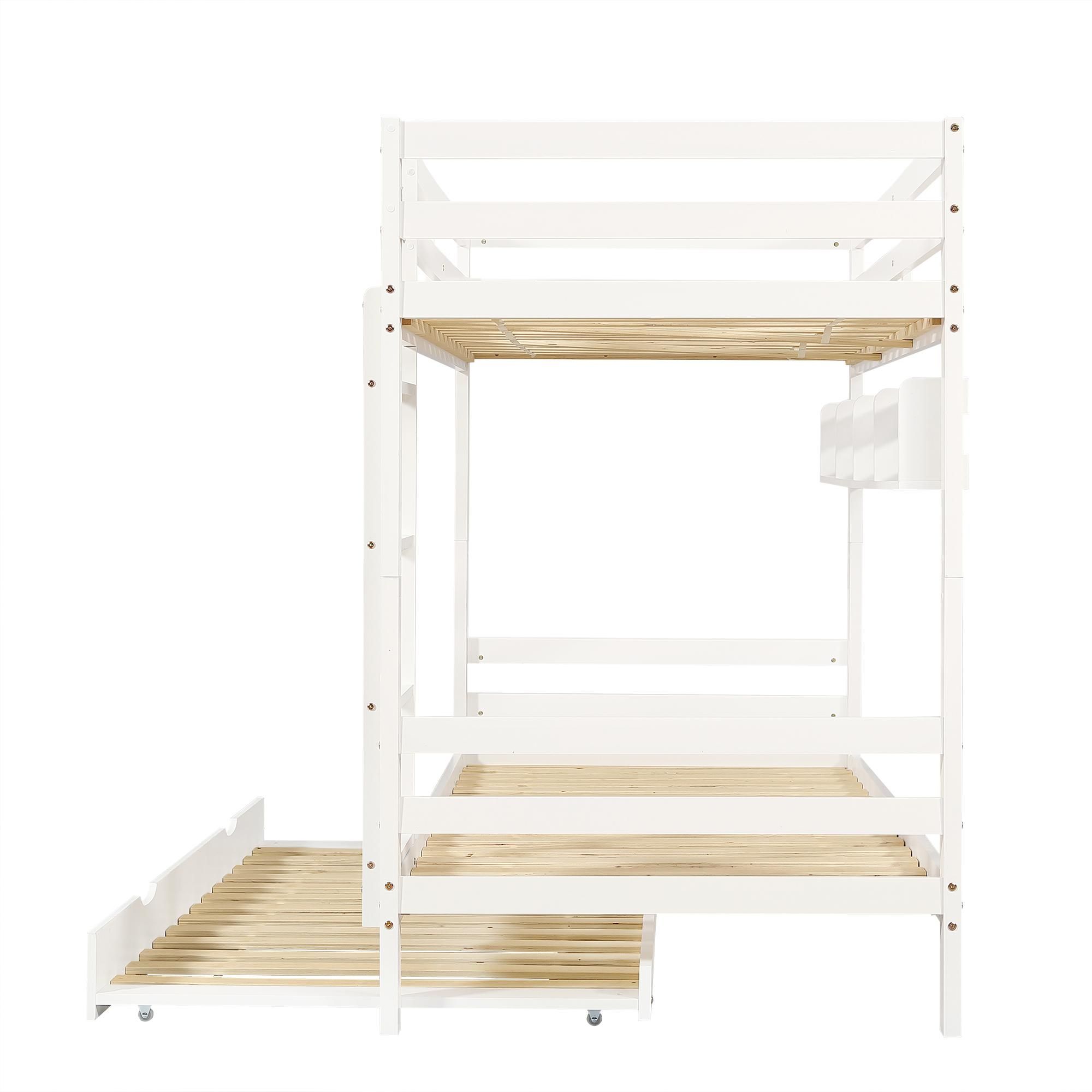 Flieks Etagenbett 90x200cm mit Regal, Kinderbett Hochbett mit 90x190cm großem Ausziehbett, Stockbett Einzelbett für 2 Kinder Kinderzimmer, Weiß