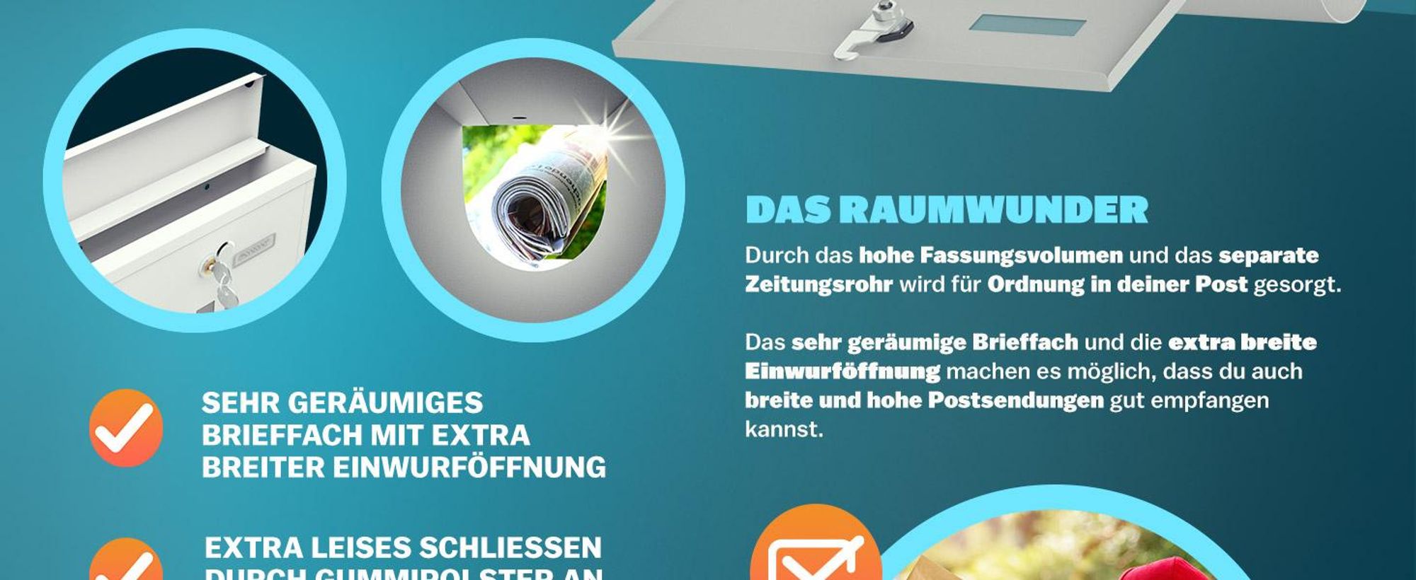 MONZANA® Briefkasten Kreuzschloss mit Kupfer-Schließzylinder drehbare Abdeckung 31x10x34 cm Sichtfenster Namensschild Zeitungsfach einfache Montage legierter Stahl 2 Schlüssel Postkasten Weiß