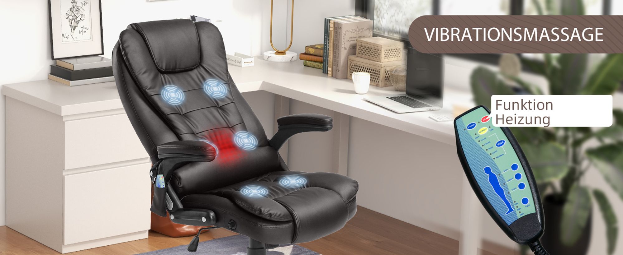 HOMCOM Massagesessel Bürosessel Bürostuhl Chefsessel Gamingsessel 6 Punkt Vibrations Massage mit Wärmefunktion Kunstleder Ledersessel drehbar (Braun)