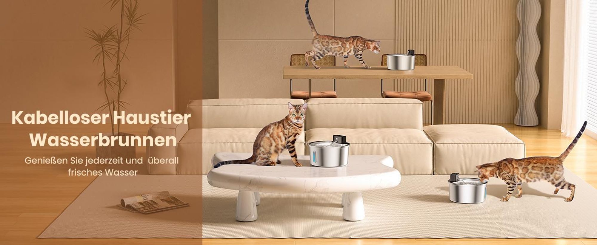 Trinkbrunnen für Katze Kabellos, Haustier Wasserspender, Katzenbrunnen, 3.2L Edelstahl Wasserbrunnen, Automatisch Leise, BPA Frei