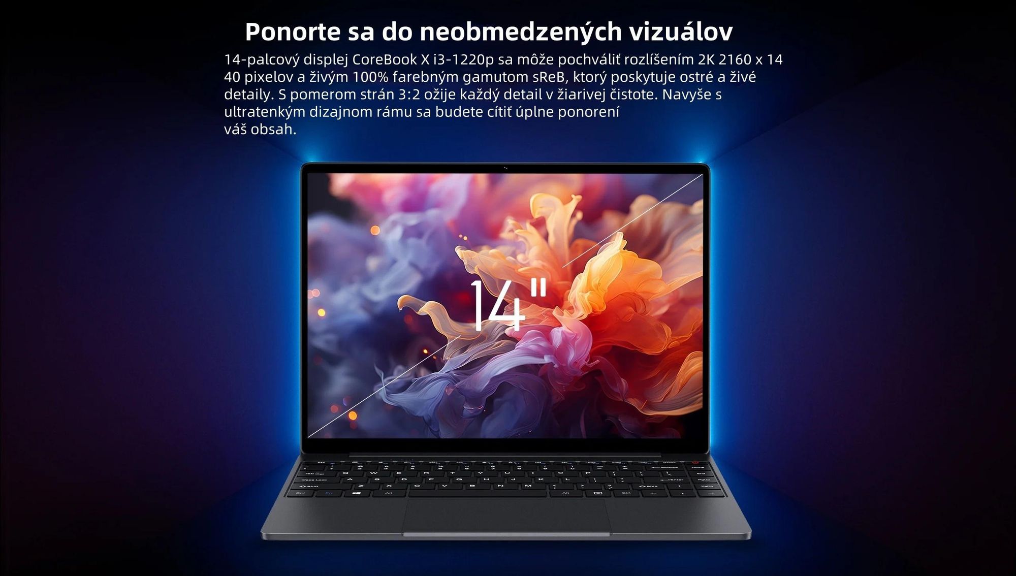 Notebook CHUWI CoreBook X - Procesorom Intel Core i3-1220P Displej 14" Windows 11 16+512GB Batéria 4000mAh - Sivá