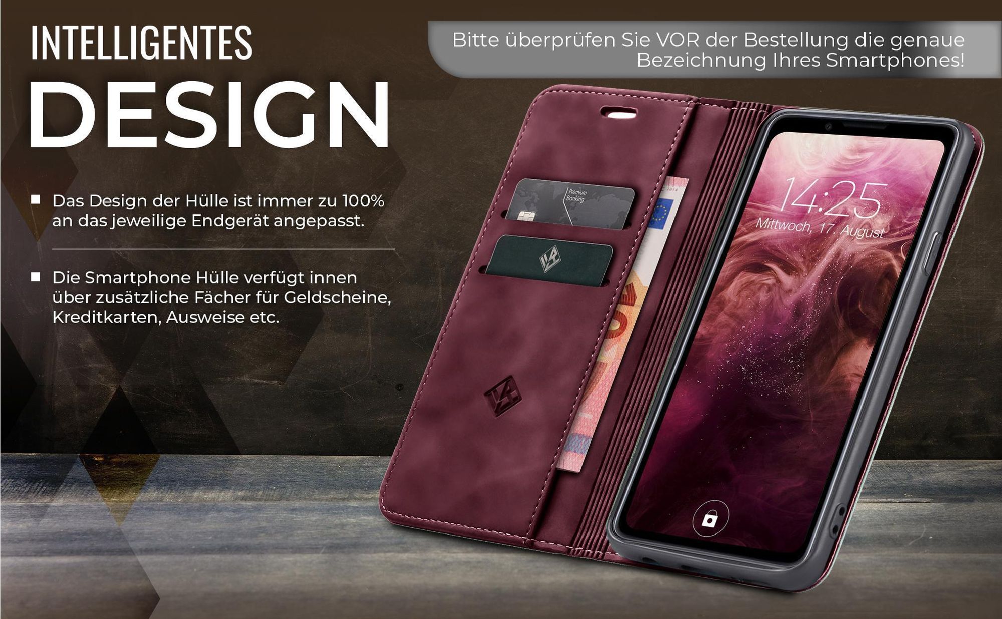 Edle Schutzhülle in Weinrot für Sony Xperia 10 IV mit Kartenfächern und Geldfach