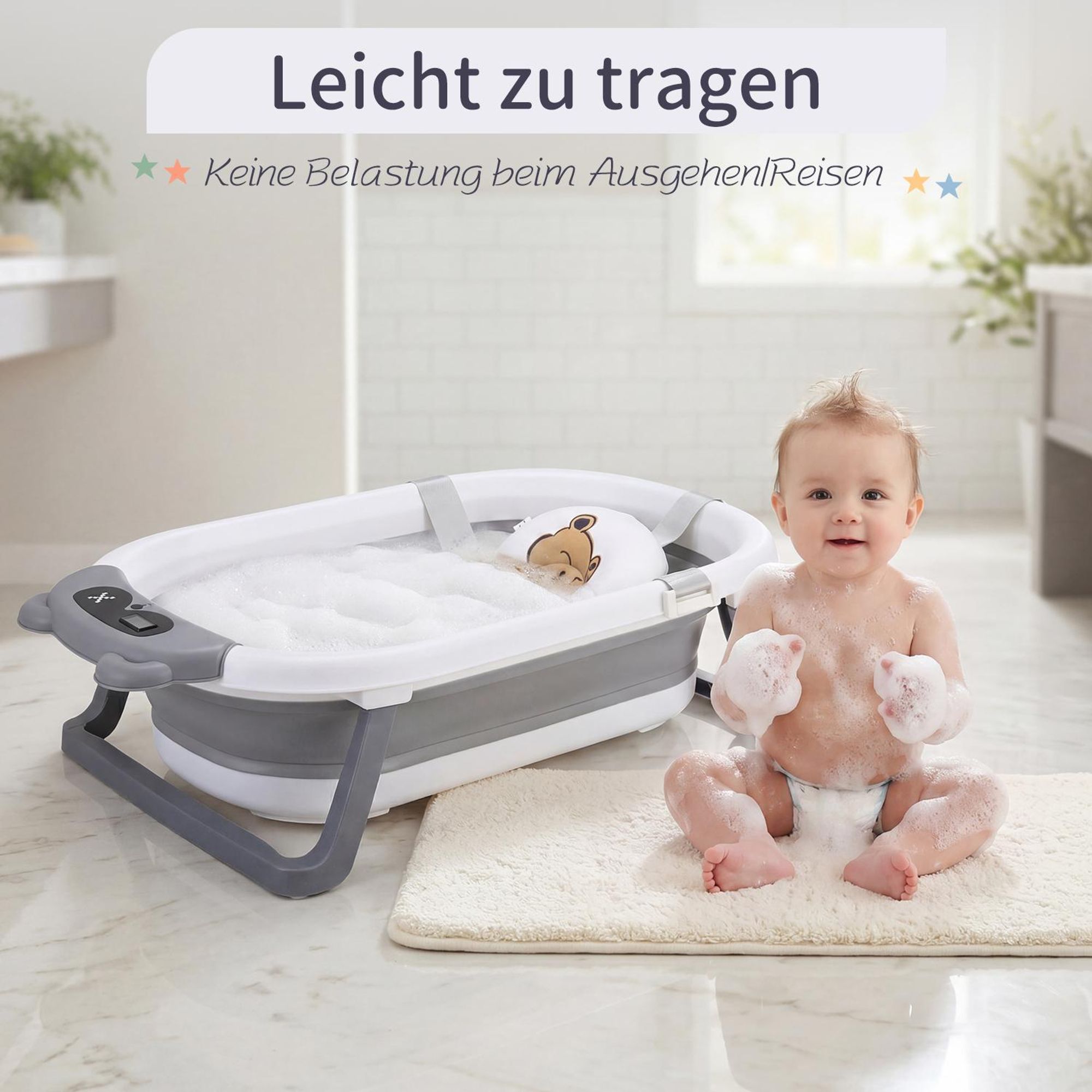 OYAJIA Babybadewanne Faltbare Badewanne PP&TPE Babywanne Badewannensitz mit weichem Schwimmkissen und Thermometer, Rutschfeste Badewanne